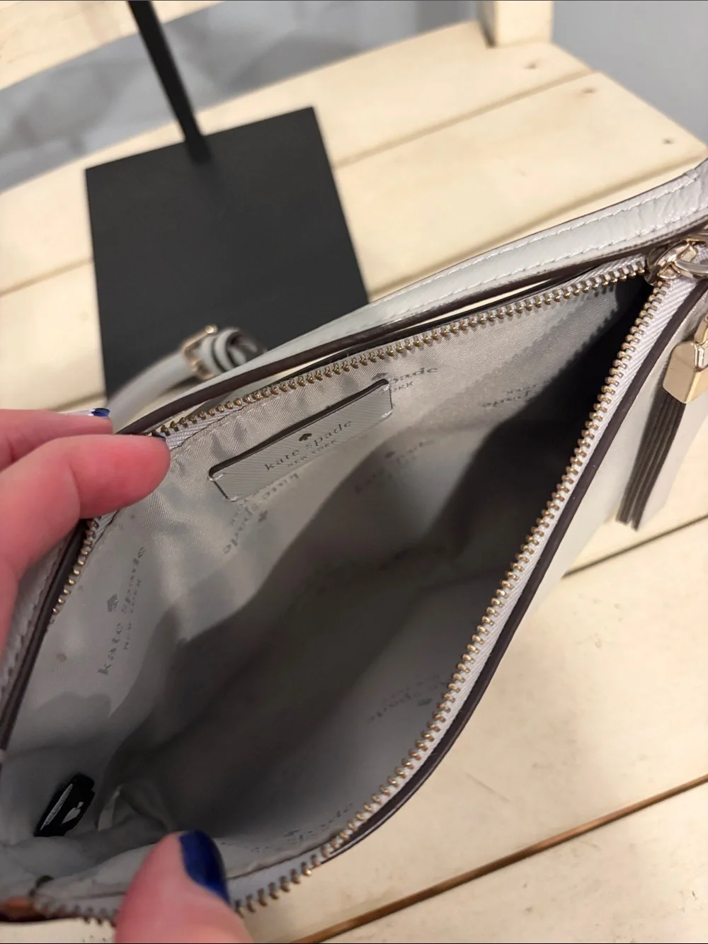 kate spade Sadie Pale Gray Saffiano Crossbody with Gold Hardware